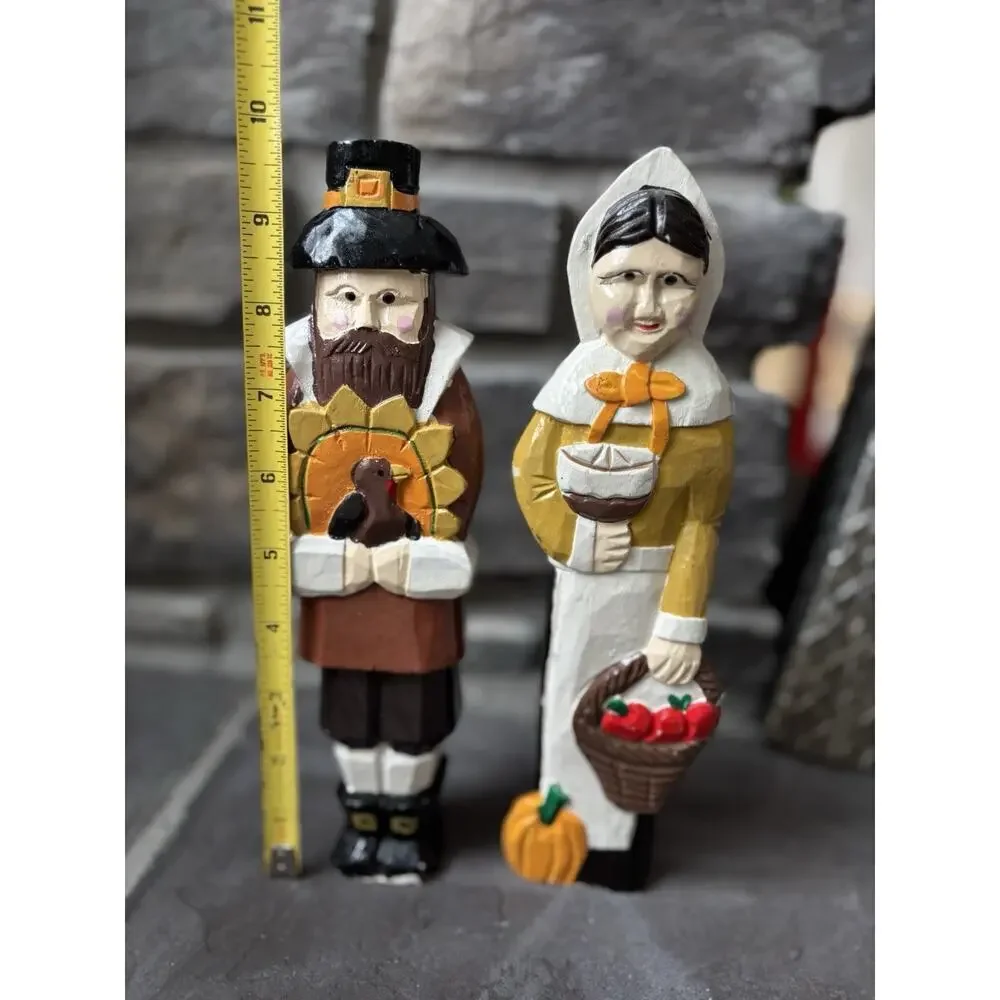 Vintage Hand Painted Wood Carved Harvest Pilgrims Man Woman Cottagecore Prairie